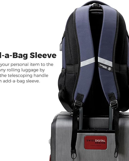 Swissdigital Design Laptop Backpack with USB Charging Port, Travel Backpack Fits 15.6 inches Computer, 31L College School Backpack for Men, Blue/Black | SD803-12 | Water Repellent