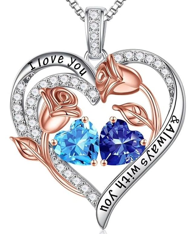 Iefil Christmas Gifts for Women Wife - 925 Sterling Silver Rose Heart Birthstone Necklace Birthday Anniversary Jewelry Gifts for Her Wife Mom Daughter