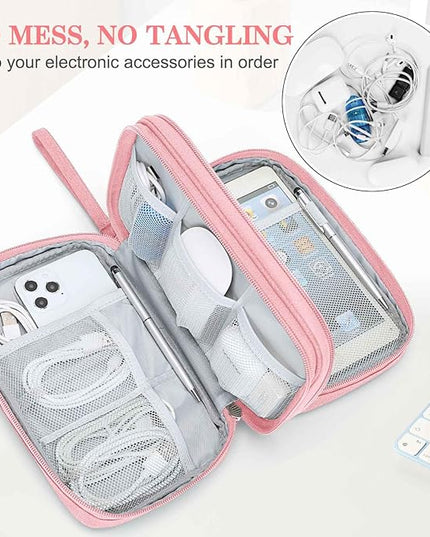 FYY Electronic Organizer, Large Travel Cable Organizer Bag Pouch Electronic Accessories Carry Case Portable Waterproof Double Layers All-in-One Storage Bag for Cable, Cord, Charger, Phone, Pink