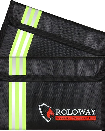 ROLOWAY Small Fireproof Bag (5 x 8 inches) with Reflective Strip, Fireproof Money Bag for Cash, Valuables, Passport, Currency & Keys (2-Pack Black)