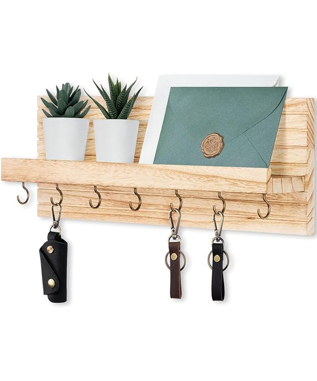 Lwenki Decorative Key Holder for Wall with Shelf, Entryway Shelf with Hooks Holds Leashes, Jackets and Glasses – Sturdy Wood Keyholder Entrance Hanger with Mounting Hardware (Wood, Large)