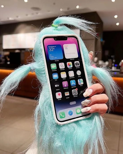 for iPhone 15 Case Weird Furry Phone Cases Green | Funny and Silly, DIY Long Hair with Hairclip, Ugly Phone Case, Swap Challenge Gifts with Friends