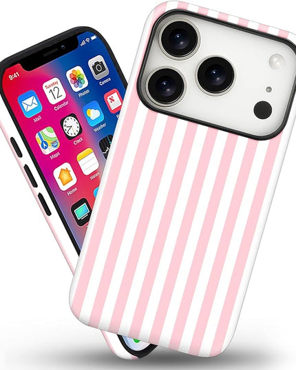 Magnetic for iPhone 17 Pro Max Case Cute Stripes Phone Case, Shockproof Slim TPU and Hard PC Protective Phone Cover Compatible with MagSafe Designed for Women Girls, Pink and White