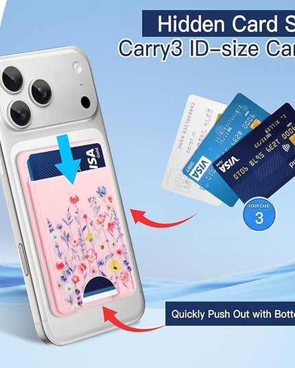 Stronger Magnetic Card Slot Wallet for iPhone 17/16/15/14/13/12 Series (Not for 13/12 Mini), Flower Pattern Hard Card Holder Fit 3 Cards Compatible with Magsafe Accessories, Pink