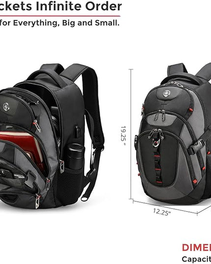 Swissdigital Design Laptop Backpack with USB Charging Port, Travel Backpack Fits 15.6 inches Computer, 31L College School Backpack for Men, Black/Grey | SD803-02