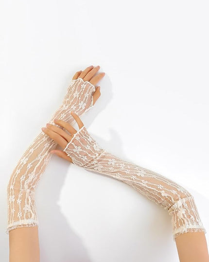 SHENHE Women's Sheer Lace Tulle Gloves Fingerless Elbow Length Arm Sleeves Mittens
