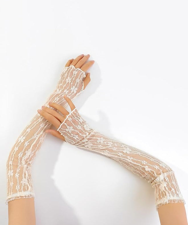 SHENHE Women's Sheer Lace Tulle Gloves Fingerless Elbow Length Arm Sleeves Mittens