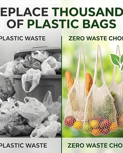 Mesh Grocery Bags 4 Pack, Reusable Cotton String Shopping Totes with Long Handles, Heavy Duty Holds 40lbs for Farmers Market, Produce, Fruit, Vegetable Storage & Beach