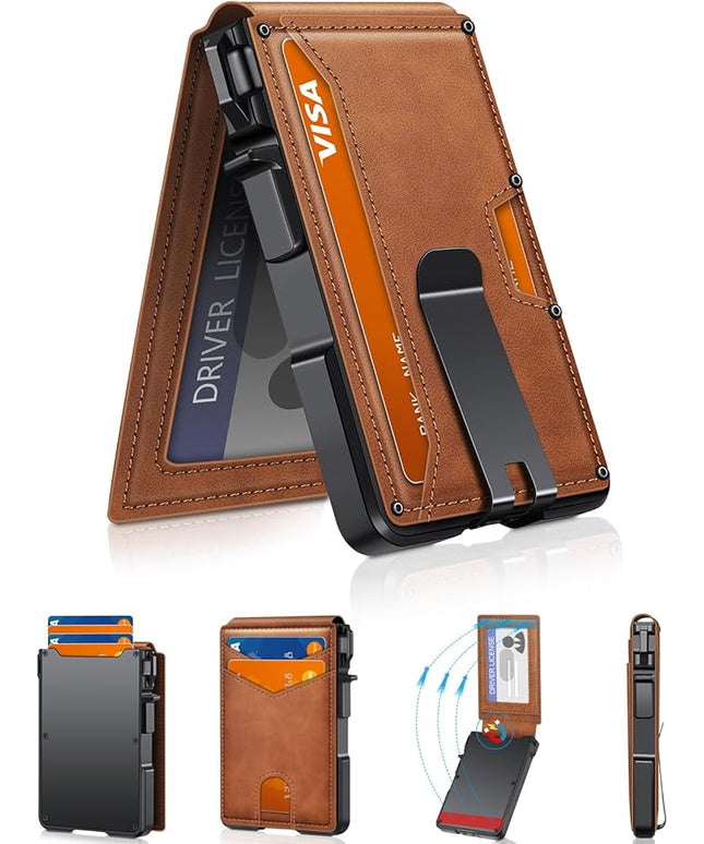 ZALVEX Wallet for Men, Mens Minimalist Wallet 9-13 Cards, Slim Compact Wallet with Money Clip & ID Window, RFID Blocking Smart Pop Up Card Wallet, Metal Aluminum Credit Card Holder Bifold Wallet