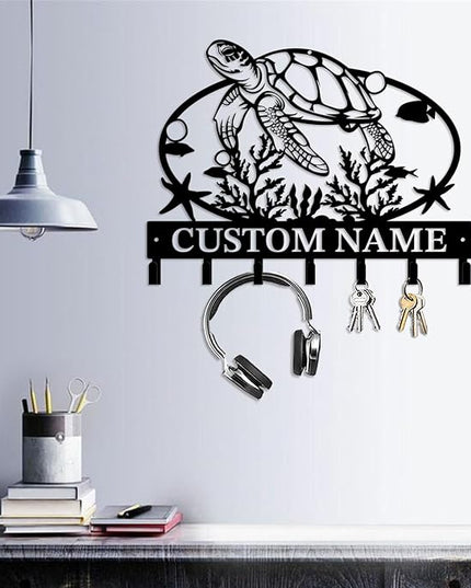 Casebrick Custom Sea Turtle Metal Wall Hooks,Key Holder-Personalized Iron Wall Decor for Keys, Coats & Home Organization (Black, Handmade,Decorative for Entryway, Beach,Bedroom,Office) (Style A)