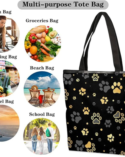 Pardick Black Paw Printed Canvas Tote Bag, Eco Friendly Cute Reusable Grocery Shopping Bags Beach Bag Book Tote Handbags Washable Shoulder Bags With Zipper Inner Pocket for Women Girls