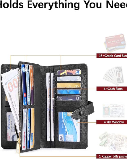 BOSTANTEN Womens Leather Wallets RFID Blocking Large Capacity Trifold Card Holder Ladies Phone Clutch Grey Black