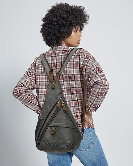 KL928 PU Leather Sling Bag - Small Crossbody Backpack Shoulder Casual Daypack Rucksack for Men Women