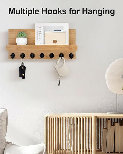 Lwenki Key Holder Wall Mount, Entryway Key and Mail Holder with 7 Sturdy Hooks for Sunglasses, Dog Leash, Decorative Wall Shelf with Mounting Hardware, 15”W x 6.7”H x 4.2”D
