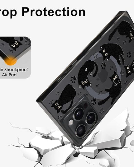 Cute Case for iPhone 15 Pro Case for Women Girls Boys [Compatible with Magsafe] Kawaii Black Cats Cat Pattern Design, Aesthetic Girly Animal Rectangle Magnetic Protective Phone Cover