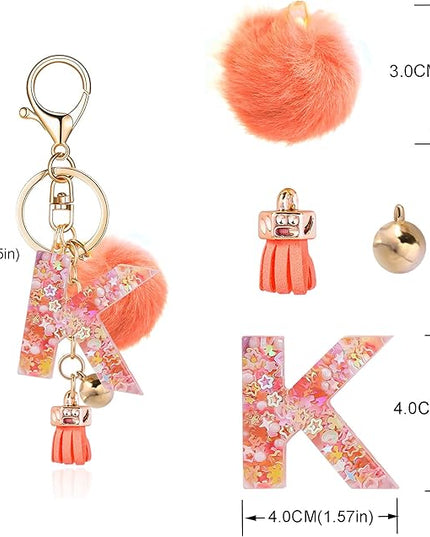Resin Alphabet Initial Letter Keychain Keyring for Women Purse Handbags With Fur Ball Pom