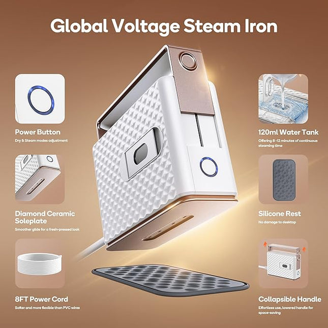 Newbealer Travel Steam Iron for Clothes, Global Voltage 100-240V Handheld Steamer, 293℉ Dry Ironing, Non-Stick Ceramic Soleplate, Horizontal & Vertical Steaming, Auto-off, Silicone Rest & Zipper Bag