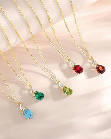 FANCIME 14K Solid Yellow Gold Birthstone Pendant Necklace for Women with Diamond Pear Shaped Teardrop Necklace Birthday Gifts for Mom Women Sterling Silver Chain 16" + 2" Extender