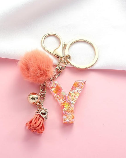 Resin Alphabet Initial Letter Keychain Keyring for Women Purse Handbags With Fur Ball Pom