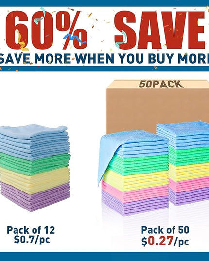 Microfiber Cleaning Cloths-50 Pack, Microfiber Towels Bulk, Towels for Cars & Home, Cleaning Rags 5 Colors Assorted (12x12 inches)