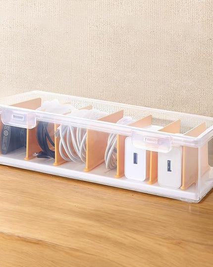Clear Cable Organizer Box with Lid, Plastic Charger Cable Cord Storage Organizer, Office Desk Organizers, Multifunctional Accessories Storage for Home Drawer Office, Stackable, Clear