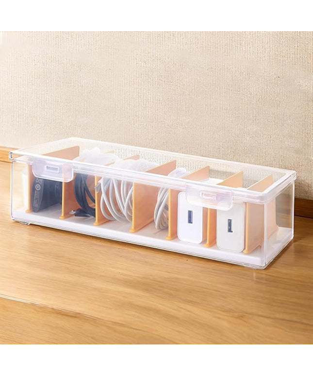 Clear Cable Organizer Box with Lid, Plastic Charger Cable Cord Storage Organizer, Office Desk Organizers, Multifunctional Accessories Storage for Home Drawer Office, Stackable, Clear