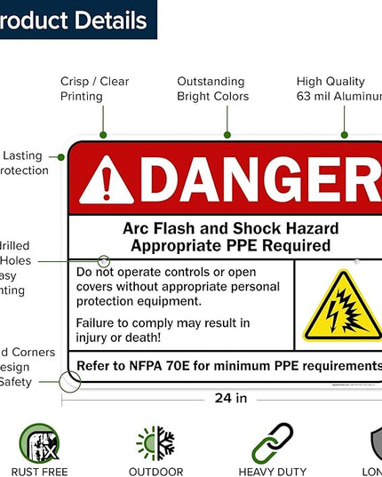 Danger Arc Flash And Shock Hazard Appropriate PPE Required Sign, 18x24 Inches, Rust Free .063 Aluminum, Fade Resistant, Made in USA by My Sign Center