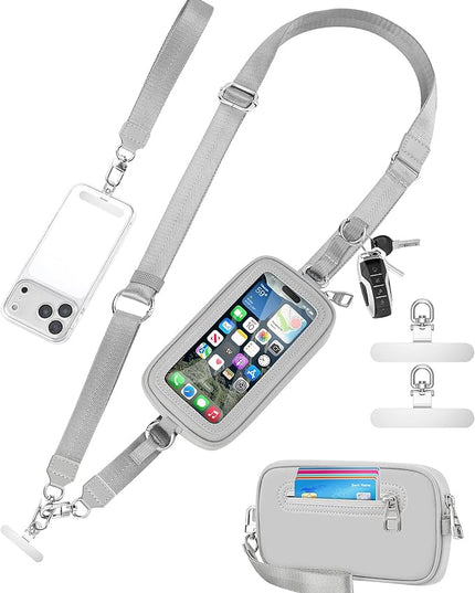 SHANSHUI Clip and Go Strap for Phone with Wallet Crossbody Lanyard, Detachable Wristlet Strap with Zipper ID Window Credit Card Pocket, 2 Pcs Tether Tabs Compatibe for iPhone & Most Smartphones Gray