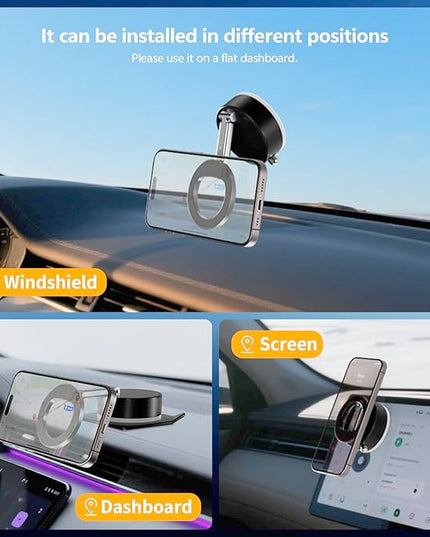 Magnetic Car Phone Holder, Universal 360° Dashboard Suction Cup Mount for Driving, Gym or Office, Foldable Vacuum Phone Holder for iPhone