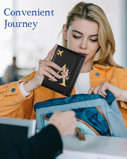 Slohif Initial Passport Holder Cover Wallet Case for Travel Women - Leather Letter Passport Book Family Multiple Personalized Organizer Card Slots Protector Sleeve Essentials Slim Carrier A Black