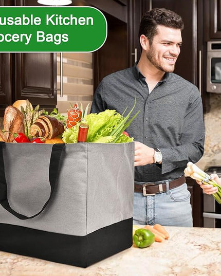 3 Pack Canvas Reusable Grocery Bags Heavy Duty, 8.3 gal Foldable Large Tote Bag with Handles, Holds 60 lbs Canvas Shopping Bags & Washable Eco-friendly Bags with 5 Pockets, Grey+Black