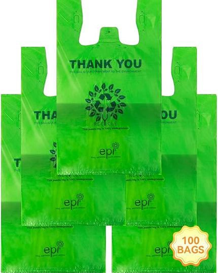 [100 per box] | Recyclable Compostable Reusable Biodegradable Plastic T-Shirt Bags | Grocery Shopping Bags | Green Eco Plastic Bags (100 per Pack) | T-Shirt Carryout Bags 100 count Restaurant Quality, Durable, Reusable and Econ Friendly | Measures 11. ...