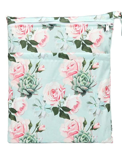 Wet Bag Baby Cloth Diaper Nappy Reusable Washable With Two Pockets Girls (Succulent Roses)