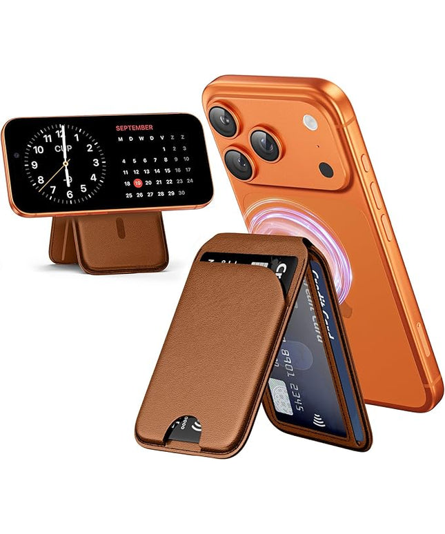 Mag-Safe Wallet for iPhone - Lightweight Magnetic Phone Wallet Stand With Adjustable Leather Card Holder for iPhone 17/16/15/14/13/12 Series, Not for Mini (Brown)