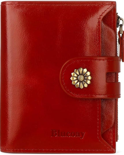 Blucoay Leather Wallet Women,RFID Blocking Womens Wallet Bifold Compact Card Holder Small Wallet for Women with Removable ID Window Winered