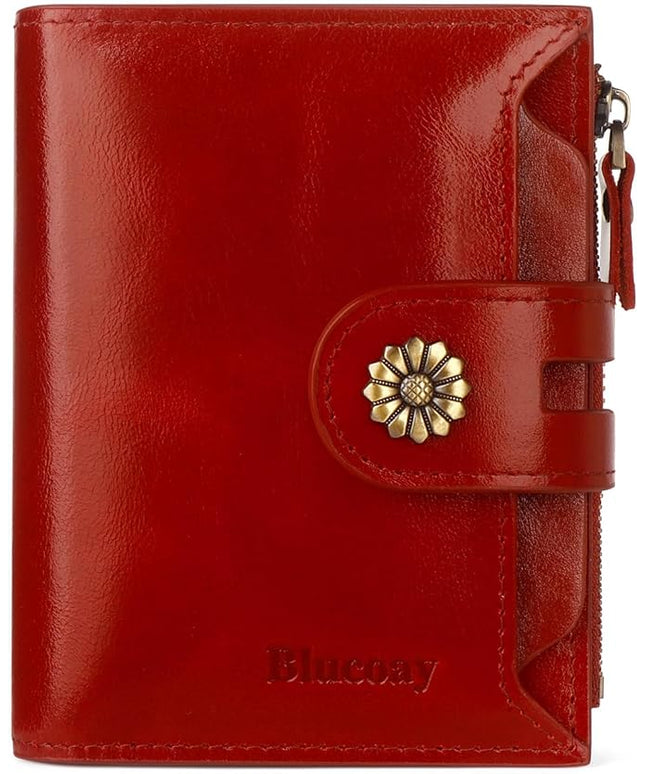 Blucoay Leather Wallet Women,RFID Blocking Womens Wallet Bifold Compact Card Holder Small Wallet for Women with Removable ID Window Winered