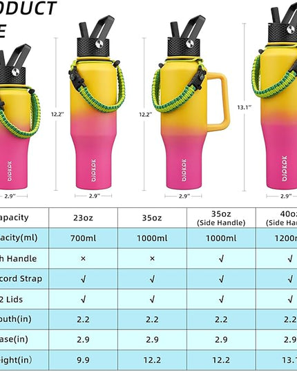 BJPKPK Insulated Water Bottles with Straw Lid, 35oz Metal Water Bottle with 2 lids & Paracord Strap, Double Wall Stainless Steel Tumbler with Handle, Reusable Cups, Mugs, Thermo, Pink & Yellow Rose