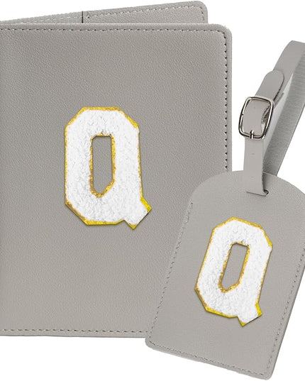 Initial Passport Cover Holder and Luggage tag Set,PU Leather Passport Case Travel Suitcase Tag with Letter Patch, Personalized Travel Luggage Accessories Gifts for Women Grils Teenage Grey Q