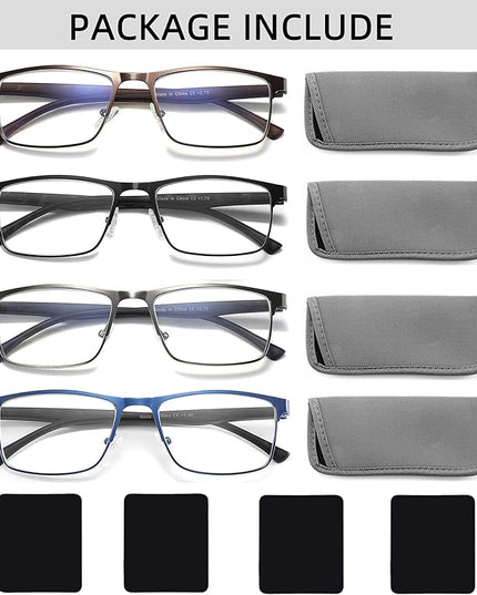 4-Pack Blue Light Blocking Reading Glasses for Men Stylish Metal Frame Readers with Comfort Spring Hinges Anti Glare UV Filter Eyeglasses, +1.0 STRENGTH