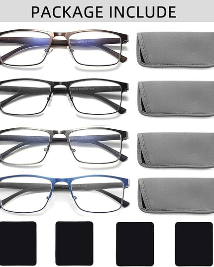 4-Pack Blue Light Blocking Reading Glasses for Men Stylish Metal Frame Readers with Comfort Spring Hinges Anti Glare UV Filter Eyeglasses, +3.75 STRENGTH