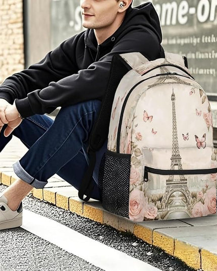 Large Backpack with 15.6 Inch Laptop Compartment, Retro Paris Tower Roses Adult Backpack for Work, Travel & School College Boys Girls
