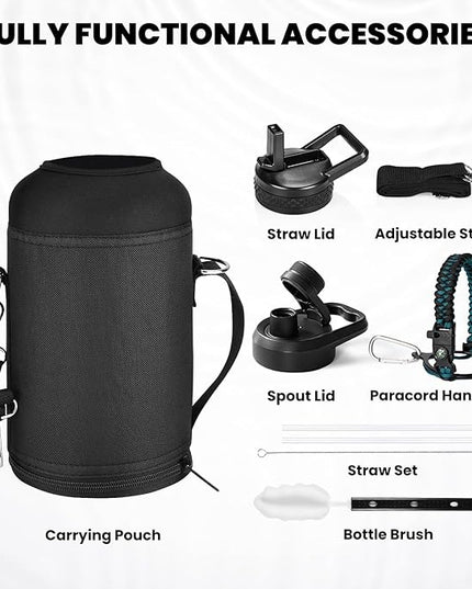 Insulated Water Bottle 64 oz, Triple Wall Vacuum Stainless Steel (Cold for 48 Hrs), Leak Proof & Non-BPA, Half Gallon Water Flask Jug with Paracord Handle & Straw Spout Lids