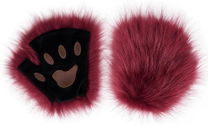 HAOAN Wolf Paw Gloves Faux Fur Cat Fingerless Mittens Winter Warm Cosplay Halloween Fancy Party Costume Accessories