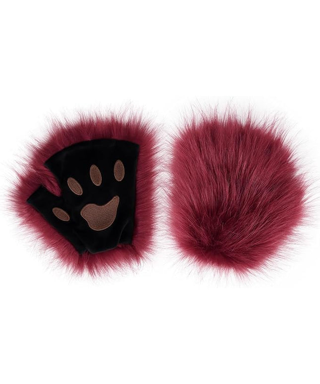 HAOAN Wolf Paw Gloves Faux Fur Cat Fingerless Mittens Winter Warm Cosplay Halloween Fancy Party Costume Accessories
