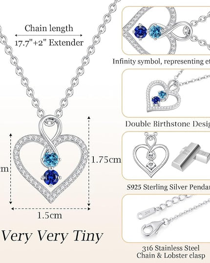 LOUISA SECRET Infinity Double Birthstone Necklace, 925 Sterling Silver Tiny Pendant Heart Necklace for Women Wife Her, Best Jewelry Gift Heart Jewelry Meaningful Gift for Valentine's Day, Christmas, Birthday Anniversary