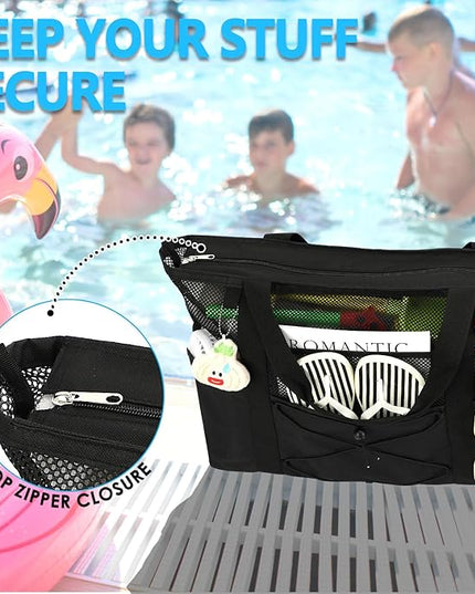 Mesh Beach Bag, Large Beach Tote with Zipper Pocket, Toys Pool Bag for Family Travel Vacation Cruise Essentials