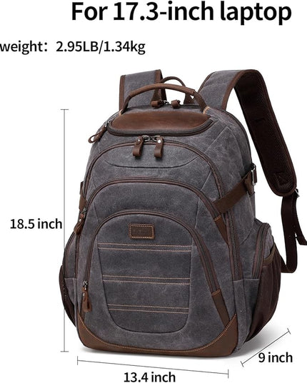 Travel Laptop Backpack 17.3 inch XL Computer Backpack for Men Waxed Canvas College Daypack Business Backpack Black Gray
