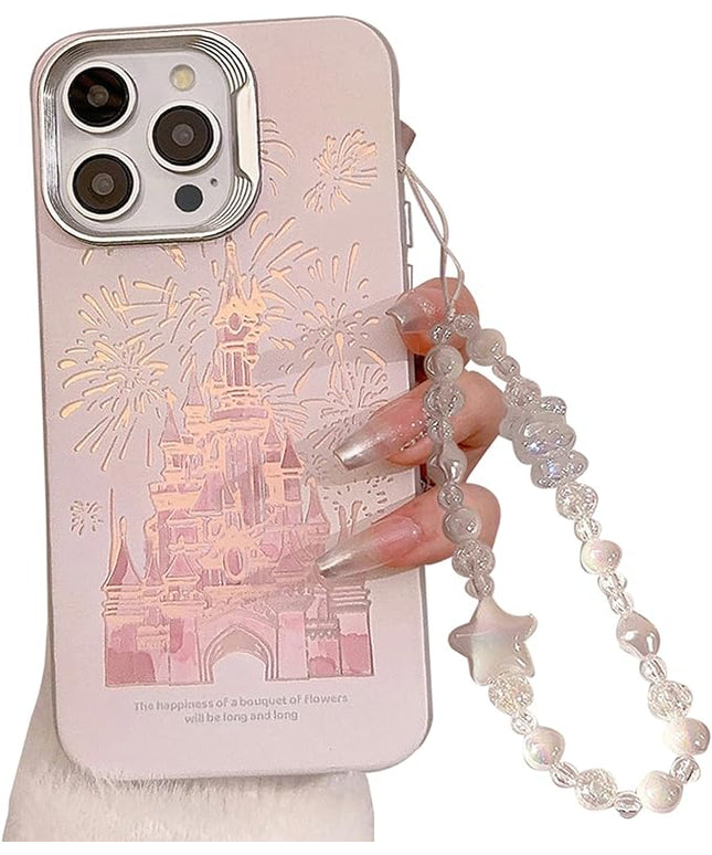 for iPhone 14 Case, Deluxe Fashion Pink Case with Laser 3D Fireworks Castle Design, Premium Case with Bracelet, PC+TPU Shockproof and Drop Resistant for Women and Girls 6.1