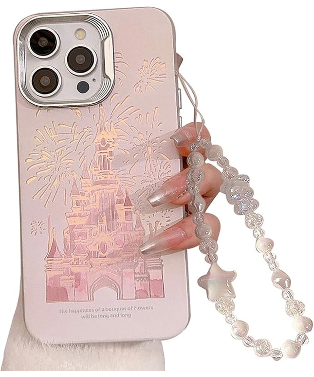iPhone 14 Pro Case - Laser 3D Fireworks Castle Case in Fashion Pink with Bracelet - PC+TPU Shockproof and Drop Resistant for Women and Girls 6.1
