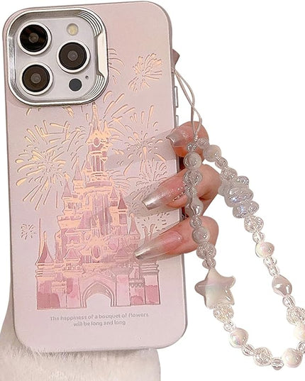 for iPhone 16 Case, Deluxe Fashion Pink Case with Laser 3D Fireworks Castle Design, Premium Case with Bracelet - PC+TPU Shockproof and Drop Resistant for Women and Girls